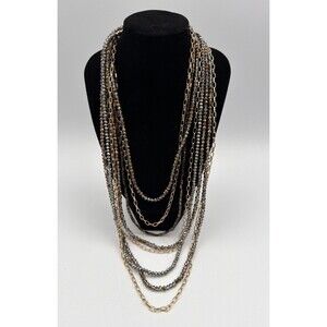 Multi Strand Beaded Chain Necklace Gold Tone Gray Bronze Long Statement